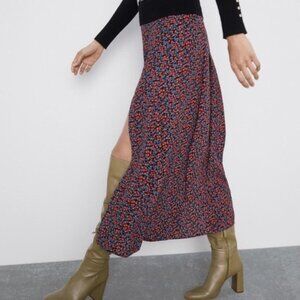 Zara Red & Black Floral Midi Skirt Double Slits Flowy Womens Size M